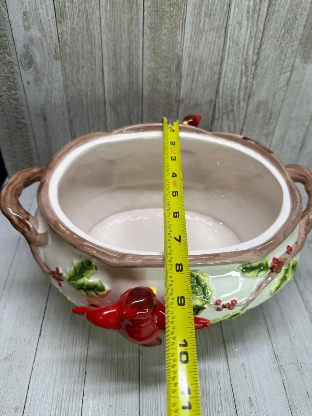 Vtg Cardinal & Berries Holly Serving Bowl Dish Holiday Decor Ceramic 11.5